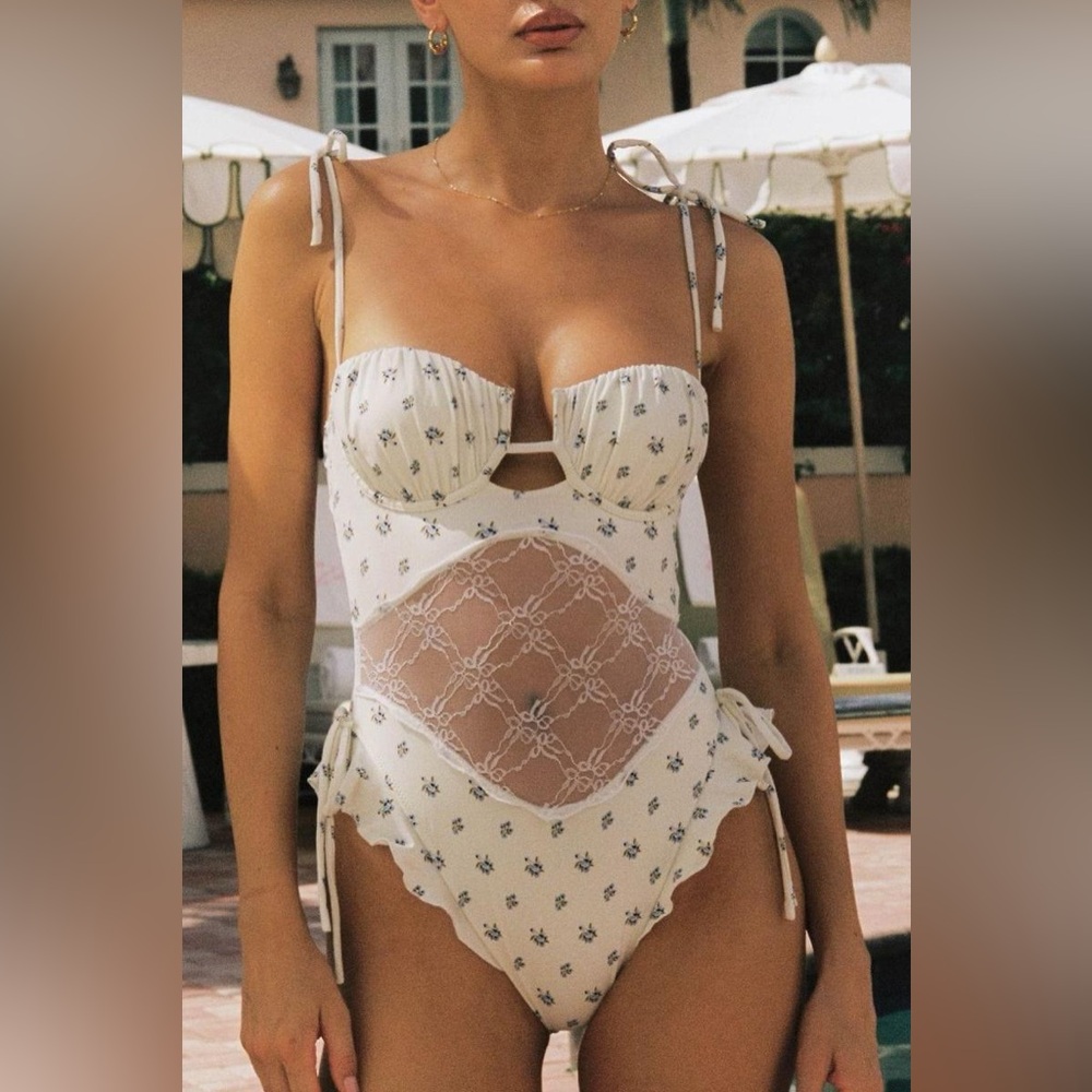 NWT Montce Swim Heidi Floral Petal Variation One-Piece w/ Lace